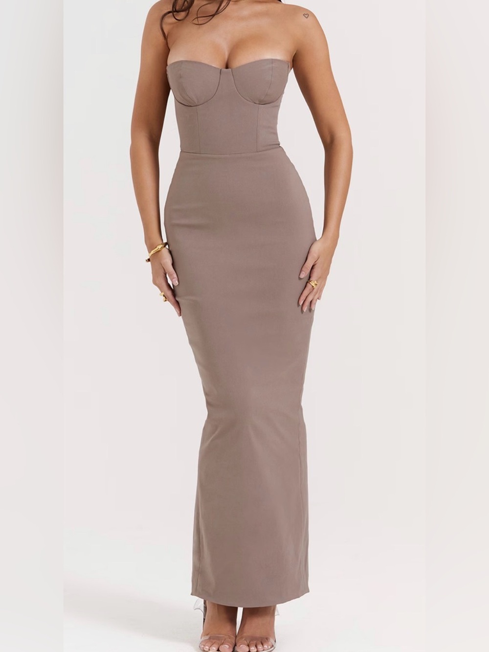 House of CB Sleek Strapless Taupe Maxi Dress
